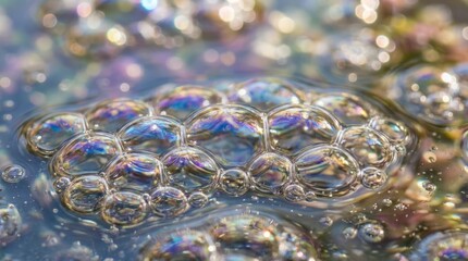 Obraz premium Macro Close Up of Iridescent Soap Bubbles Floating on Water Surface Creating Abstract Refractive Light Patterns and Textures