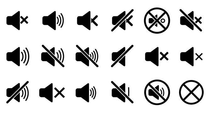 Black flat design volume and mute icons isolated with real transparent background for UI design