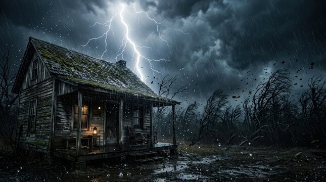 Cinematic horror banner of an isolated weathered cabin during a violent lightning storm with frozen rain and large copy space.