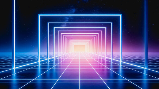 A retro-futuristic digital scene featuring a neon-lit tunnel with glowing frames receding into a bright gradient end, set over a grid floor and starry space background.