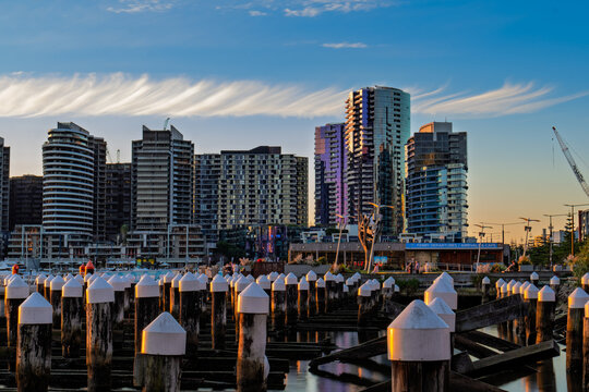 Modern waterfront buildings and marina in Melbourne Docklands