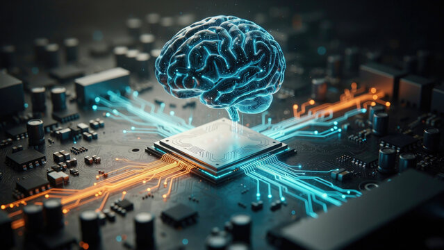 A glowing digital brain floats above a central processing unit on a complex circuit board with surrounded glowing electronic computer chip surrounded human brain model