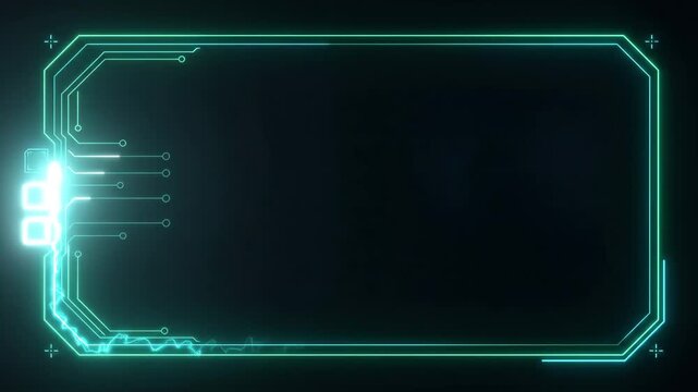 HUD neon interface glowing in cyber space with futuristic tech frame displaying digital data streams and glowing lines lighting up dark background for sci fi tech project.