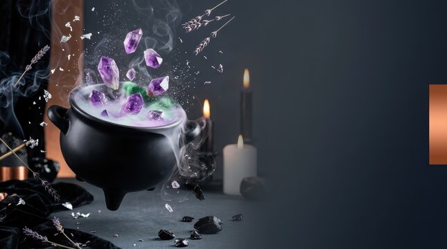 Levitating Matte Black Cauldron with Floating Amethyst Crystals and Mystical Smoke, Modern Occult Halloween Hero Banner with Copy Space