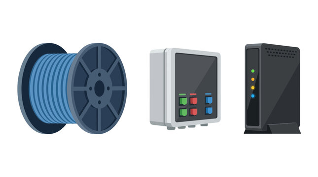 Graphic illustration of fiber optic cable spool network junction box and internet router equipment