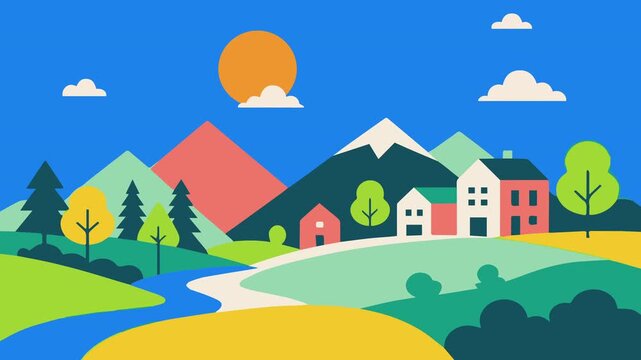 Flat vector illustration of a beautiful countryside landscape with mountains, trees, and small village houses.