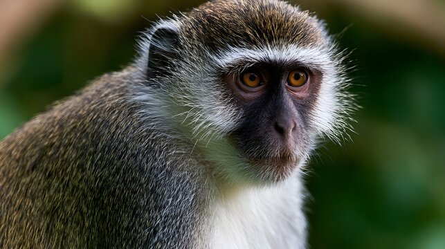 Close up portrait of a monkey with expressive eyes and detailed fur  set against a soft green background