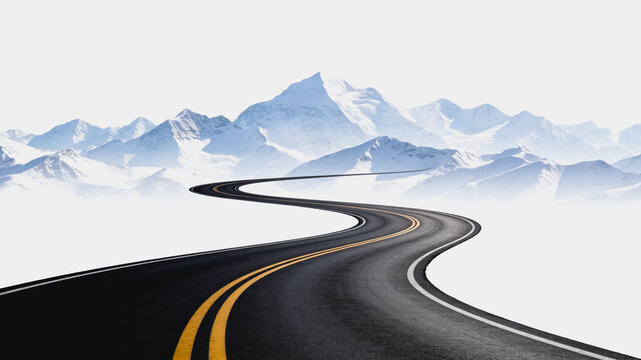 A winding asphalt highway stretches forward, leading toward snow-covered mountain peaks in a bright, open landscape.