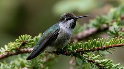 Obraz premium A small hummingbird perched on a green conifer branch showing iridescent green and white feathers with a long black beak