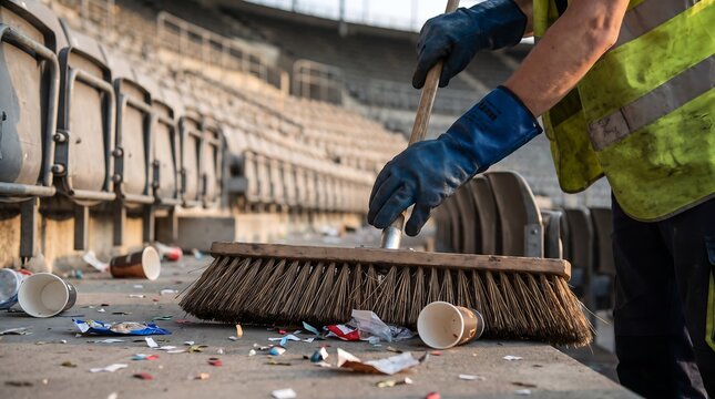 Stadium worker sweeping litter and garbage from empty bleachers after a sports event.