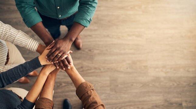 Top view of diverse business colleagues stacking hands in a circle showing teamwork and corporate unity on a wooden office floor