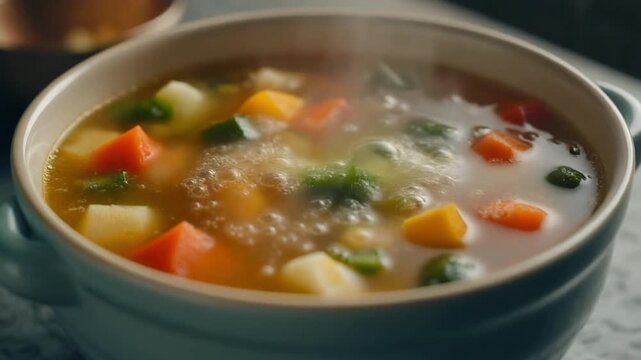 Vegetable soup gently simmering Gentle natural soup simmer