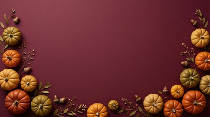 Fototapeta premium Autumn flat lay background with pumpkins and acorns