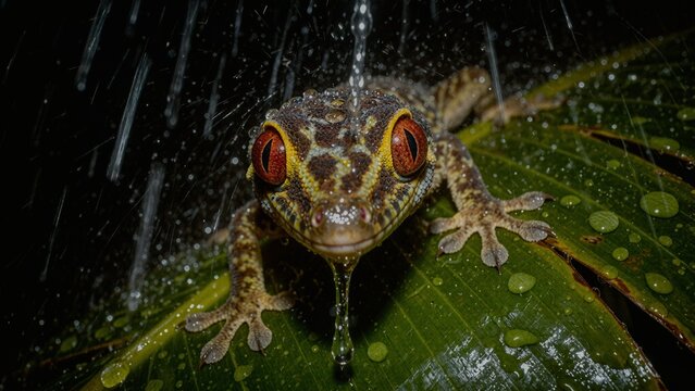Macro photography of a wild colorful Tokay gecko on a wet banana leaf during a heavy tropical rain downpour at night, intense red eyes reflecting camera flash, authentic wildlife illustration