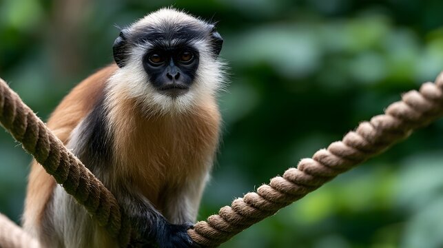 A close up of a langur monkey perched on thick rope  looking directly at viewer with expressive eyes against blurred green foliage background
