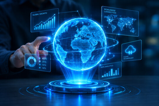 Businessman Touching Futuristic 3D Hologram Globe with Global Business Data and Cloud Technology
