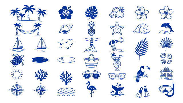 Explore a comprehensive collection of tropical beach symbols featuring palms ocean waves sea turtles and seashells drawn in a classic blue ink style for endless creative vacation projects
