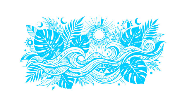 Summer tropical paradise drawing featuring ocean waves and palm leaves under bright sunshine with beautiful blue ink artwork creating a cheerful vacation mood for seasonal beach themed party