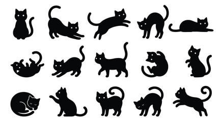 Obraz premium Set of black cat silhouettes in various poses isolated on white background