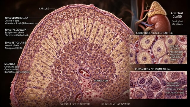 Histological section of the human adrenal gland displaying the adrenal cortex with zona glomerulosa, fasciculata, reticularis, and medulla with chromaffin cells, plus a zoomed inset of cells