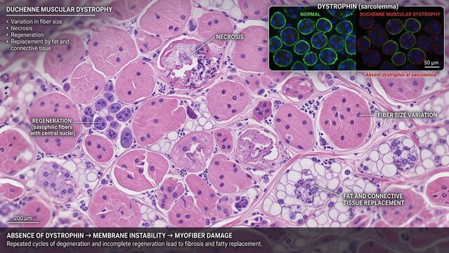 Histological section of skeletal muscle affected by duchenne muscular dystrophy showing fiber size variation, necrosis, fibrosis, and fat replacement, with a zoomed inset showing absent dystrophin