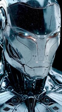 Close-up of chrome android robot face turning with glowing eyes