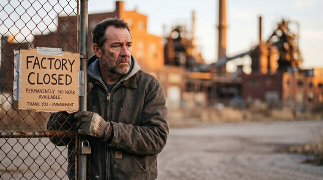 factory closed sign unemployed worker faces permanent manufacturing shutdown golden hour close up of handwritten notice dramatic job loss and economic crisis concept