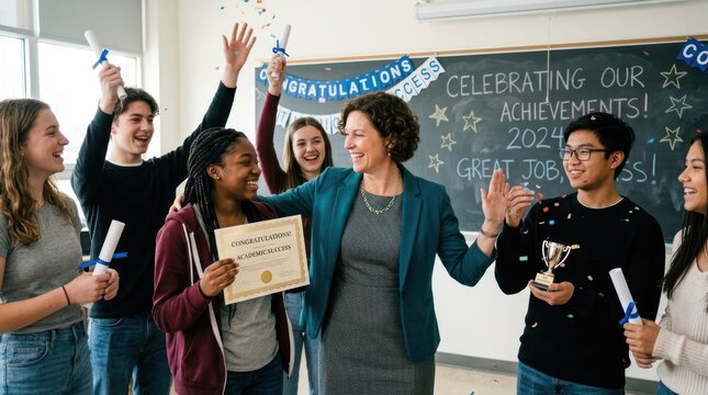 A group of students and a teacher celebrate academic achievements in a classroom setting. Students hold certificates and trophies, while the teacher claps and smiles.