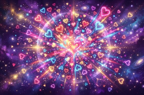 Neon hearts exploding outward. Generative AI.