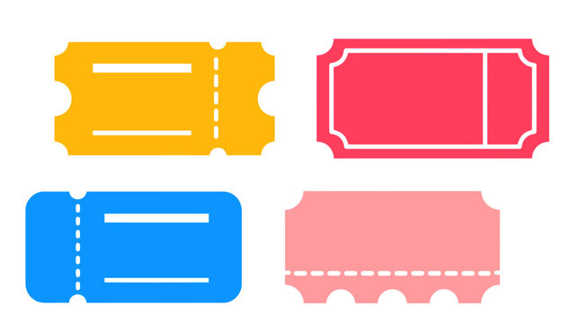 Set of colorful blank admission, cinema, park entry tickets with different shapes and perforated lines vector.