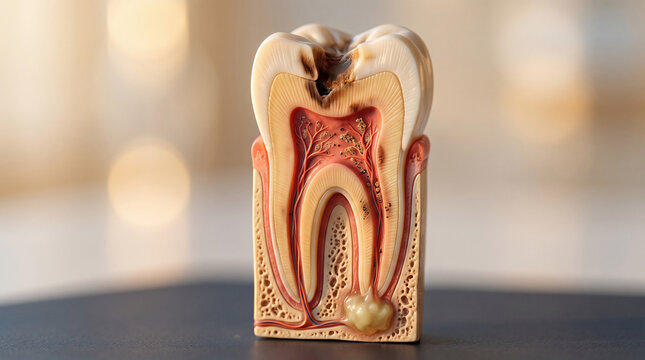 cross section of human tooth showing pulp nerves enamel root canal with bacterial infection photorealistic dental anatomy close up golden hour lighting highly detailed medical