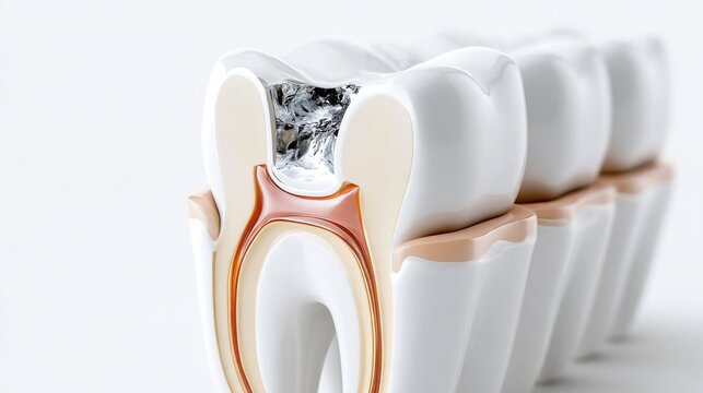 A detailed cross-section of a human tooth, showcasing decay and damage within the enamel and dentin, with healthy teeth behind it