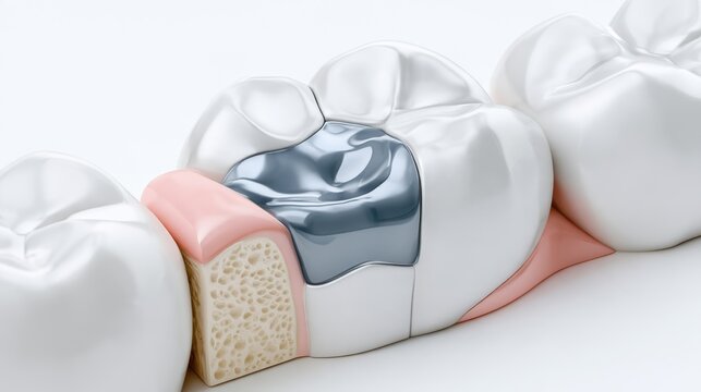 A detailed close-up illustration of a healthy tooth with a silver filling, showcasing dental anatomy including enamel, dentin, and gum tissue. The cross-section reveals the inner structure.