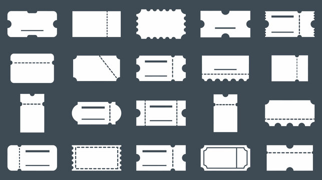 Set of various ticket stubs and admission coupons with different shapes and perforated edges for events, cinema, travel, and raffle a dark background vector illustration.