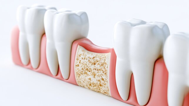 An anatomical illustration showcasing healthy teeth and gums, with one tooth exhibiting bone loss due to gum disease, highlighting the impact on the jawbone structure