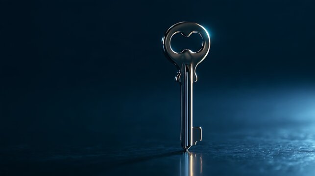 A shiny metallic skeleton key standing upright on a dark reflective surface with dramatic lighting