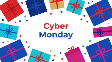 Obraz premium Cyber monday sale banner with colorful gift boxes and confetti isolated on white background