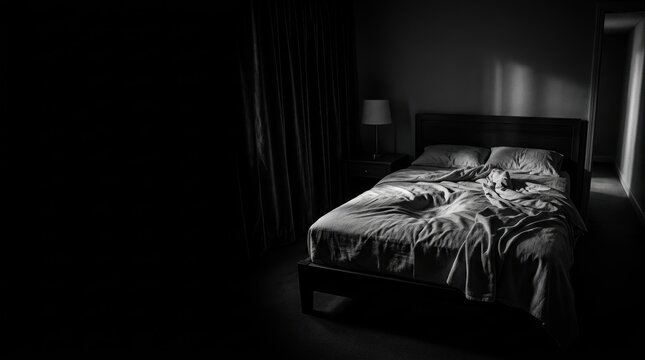 Eerie low-key black and white cinematic hotel bed with rumpled sheets and dramatic noir shadows for horror banner.