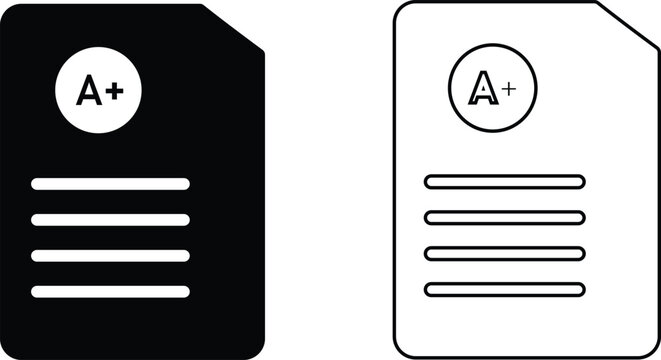 Exam paper with A plus grade, school test results icon