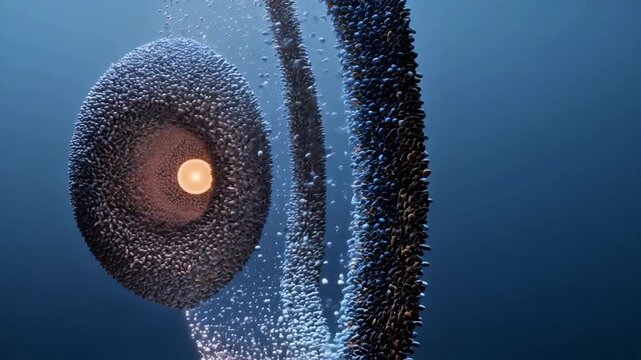 Abstract 3D Animation of a Glowing Sphere Core Surrounded by Dense Particle Clusters and Orbital Rings for Futuristic Science and Technology Concepts 