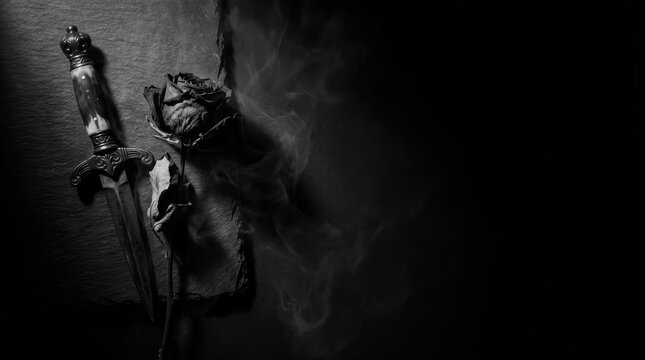 Minimalist Gothic Banner: Vintage Ritual Dagger and Withered Rose on Dark Stone with Smoke and Copy Space
