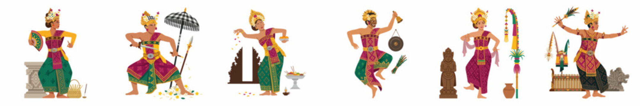 Collection of vector illustrations featuring traditional Balinese dancers in authentic costumes and poses, isolated on a white background.