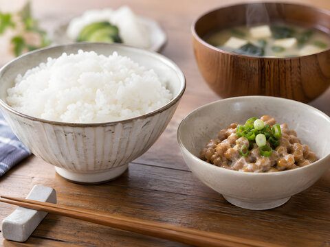 Japanese breakfast with rice natto and miso soup