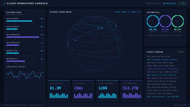 Digital cloud computing dashboard displaying global network data analytics
