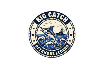 Fototapeta premium Big Catch Offshore Legend Fishing Logo Vector Illustration Featuring Marlin Fish and Boat Emblem