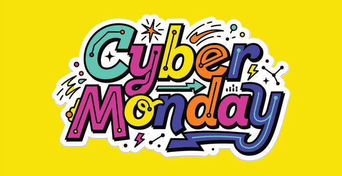 Cyber Monday colorful hand-drawn typography and shopping doodle illustration
