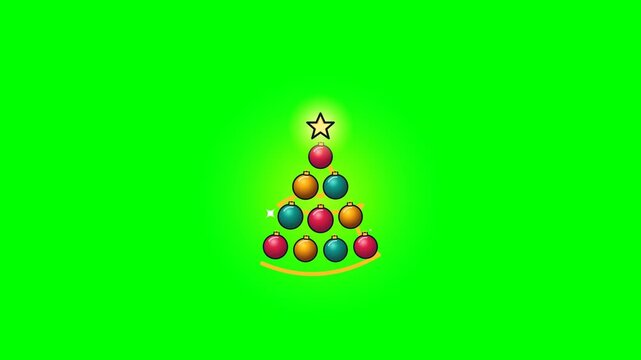 A flat 2D animation of floating Christmas ornaments assembling into a tree shape, complete with a glowing star and wrapping garland on a green screen.