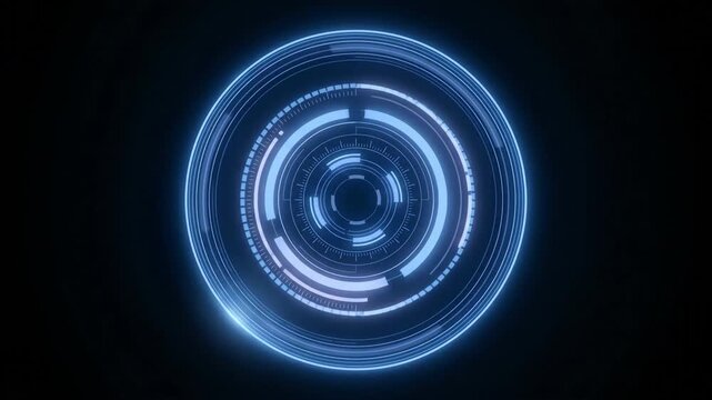 HUD, Technology interface glowing blue loading data in futuristic cyberspace background while digital display animation spinning round fast in dark virtual world space.