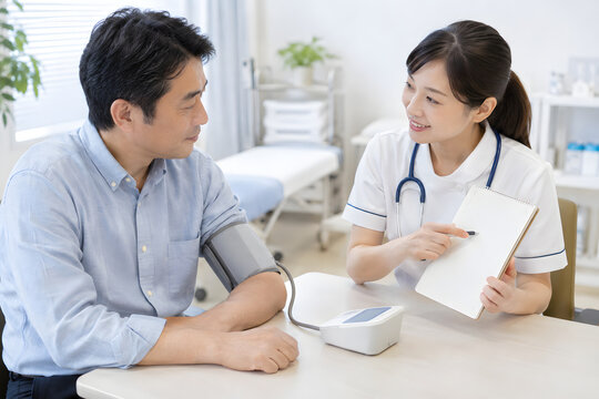 Japanese healthcare professional discussing blood pressure with a male patient