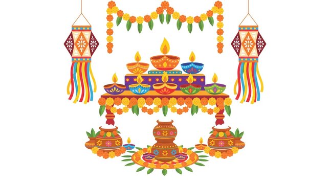 Diwali festival background with traditional oil lamps, marigold flower garlands, and hanging lanterns